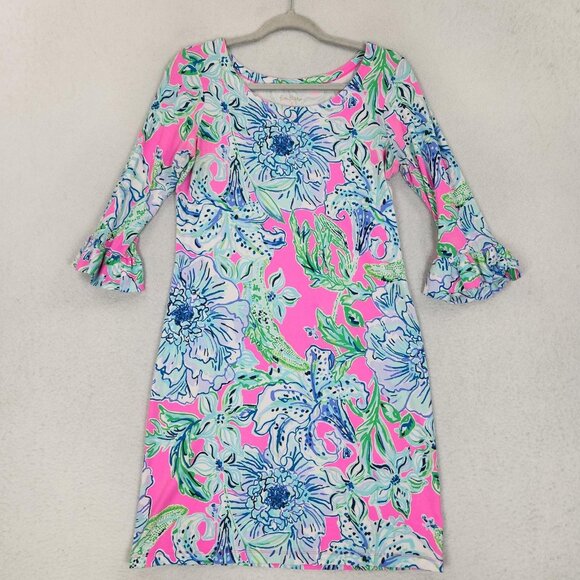 Lilly Pulitzer Dresses & Skirts - Lilly Pulitzer Dress Women Small Blue Pink Floral Sophie Ruffle Shift 3/4 Sleeve